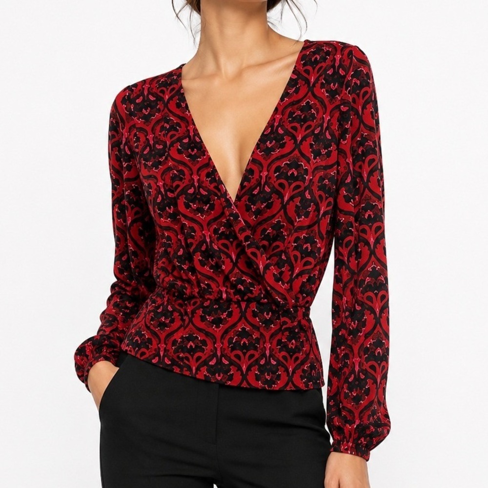WHBM Outlet Boho Red Pink Damask Surplice Smocked Waist Long Sleeve Top XXS